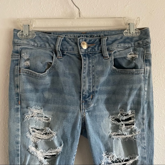 American Eagle Jeggings Super Stretch High Rise Skinny Light Wash Distressed - Picture 4 of 11